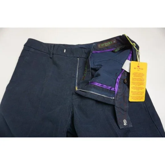 Etro Milano Blue Plaid 100% Cotton Dress Pants Sz 46 NEW